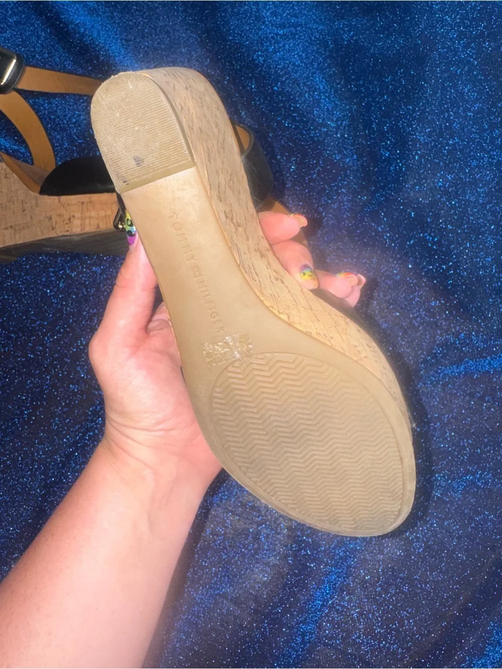 Tommy Hilfiger Black Cork Wedge Sandals with Buckle Strap size 9